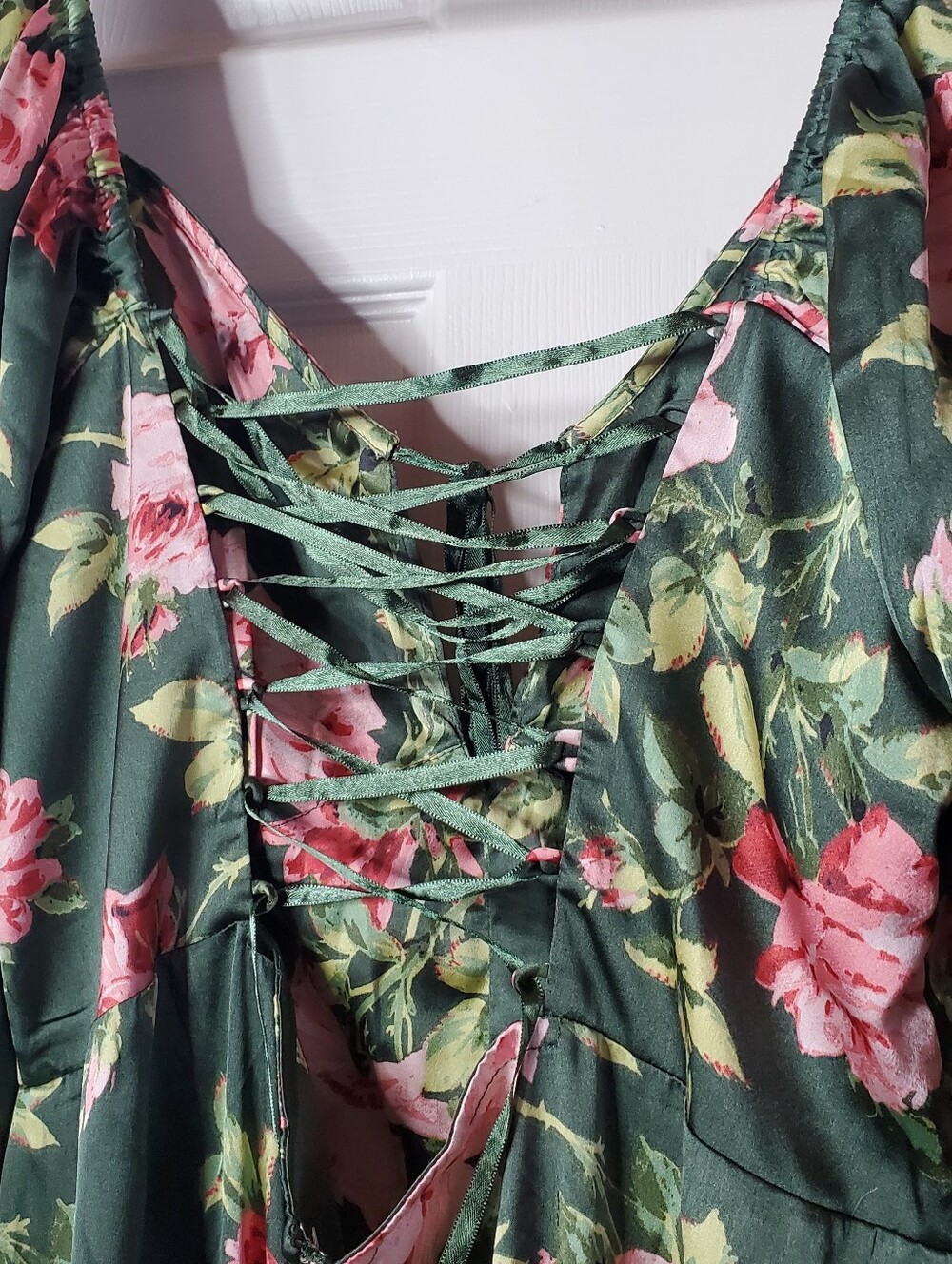 ASOS Design Curve Satin Te Jumpsuit Green Floral Wide-leg Lace-up Back Boho 18 - Picture 8 of 16